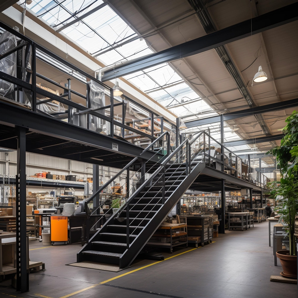 black metal staircase to mezzanine level in factory