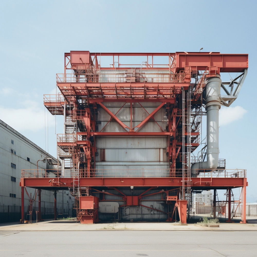 red steel access platform around industrial unit