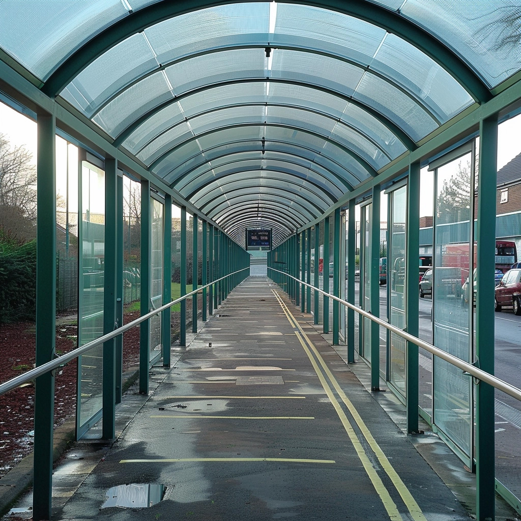 outdoor steel and glass walkway in a car park
