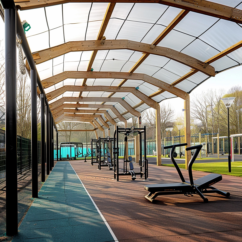 wood and steel outdoor gym canopy