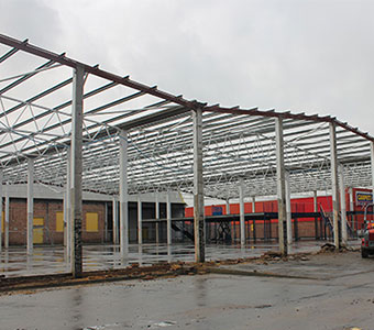 large structural steel frame for a warehouse building