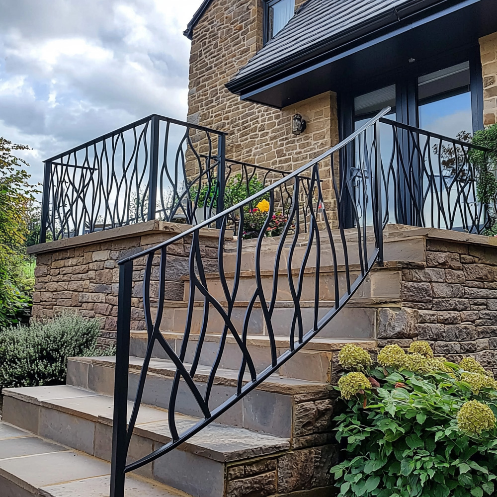 decorative curved railings up to house steps