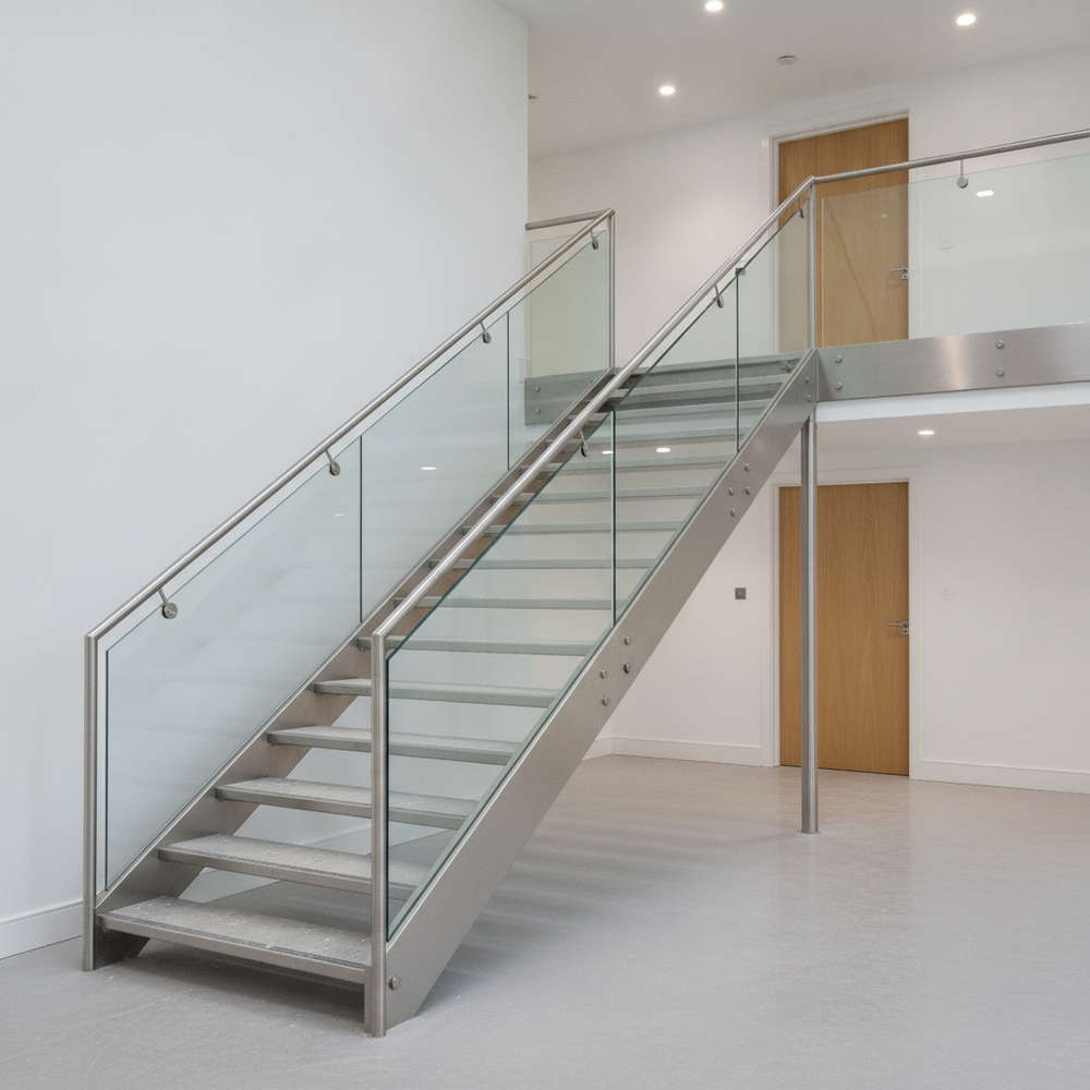 glass and stainless steel commercial staircase in white room