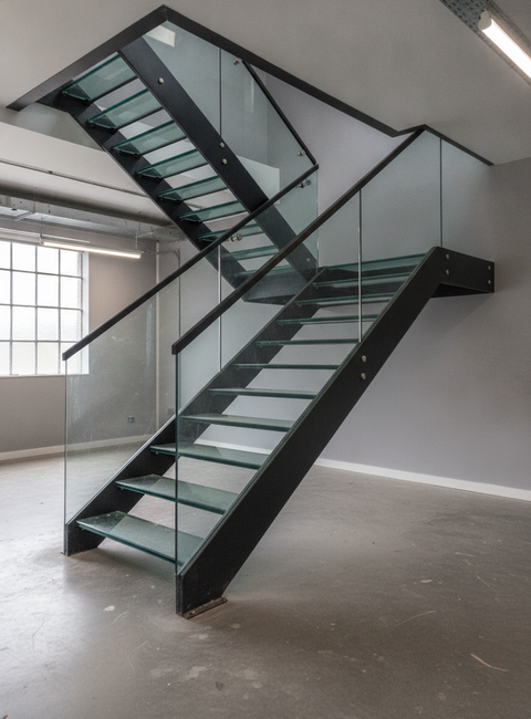 internal black metal and frameless glass staircase