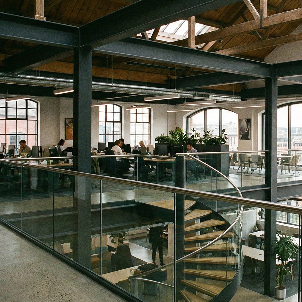 mezzanine floor in sheffield office with glass spiral staircase