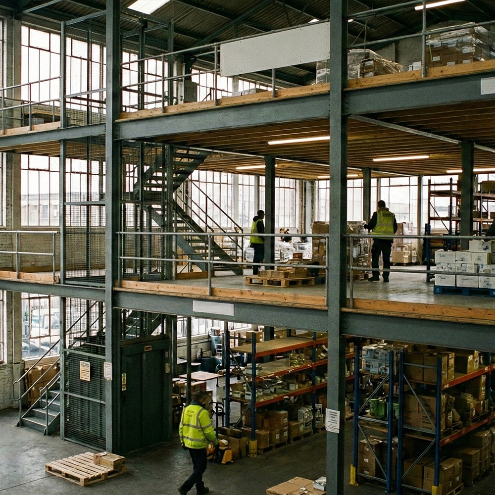 multi tier mezzanine in working storage warehouse