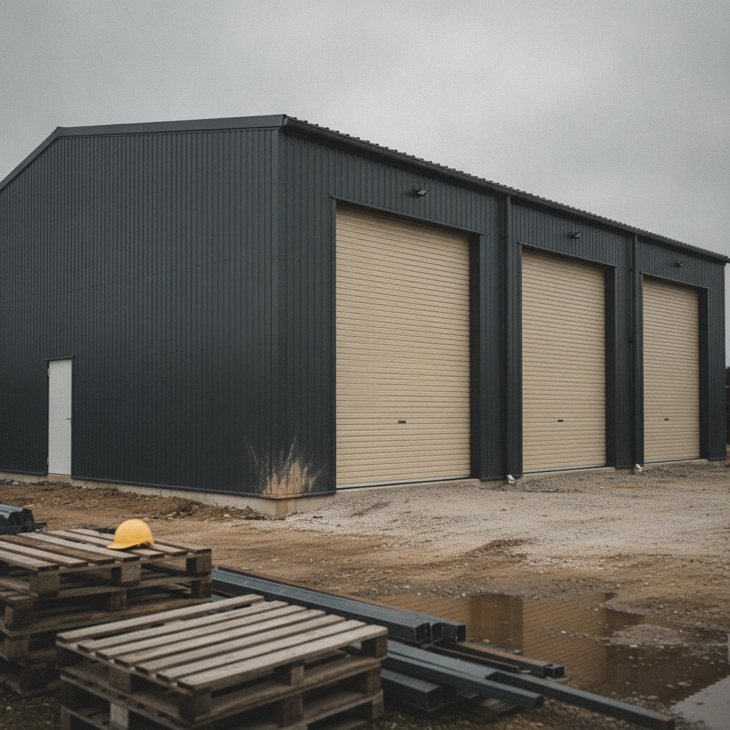 a clad multi-bay steel frame commercial garage building exterior with roller-shutter doors, three-quarter view, no people
