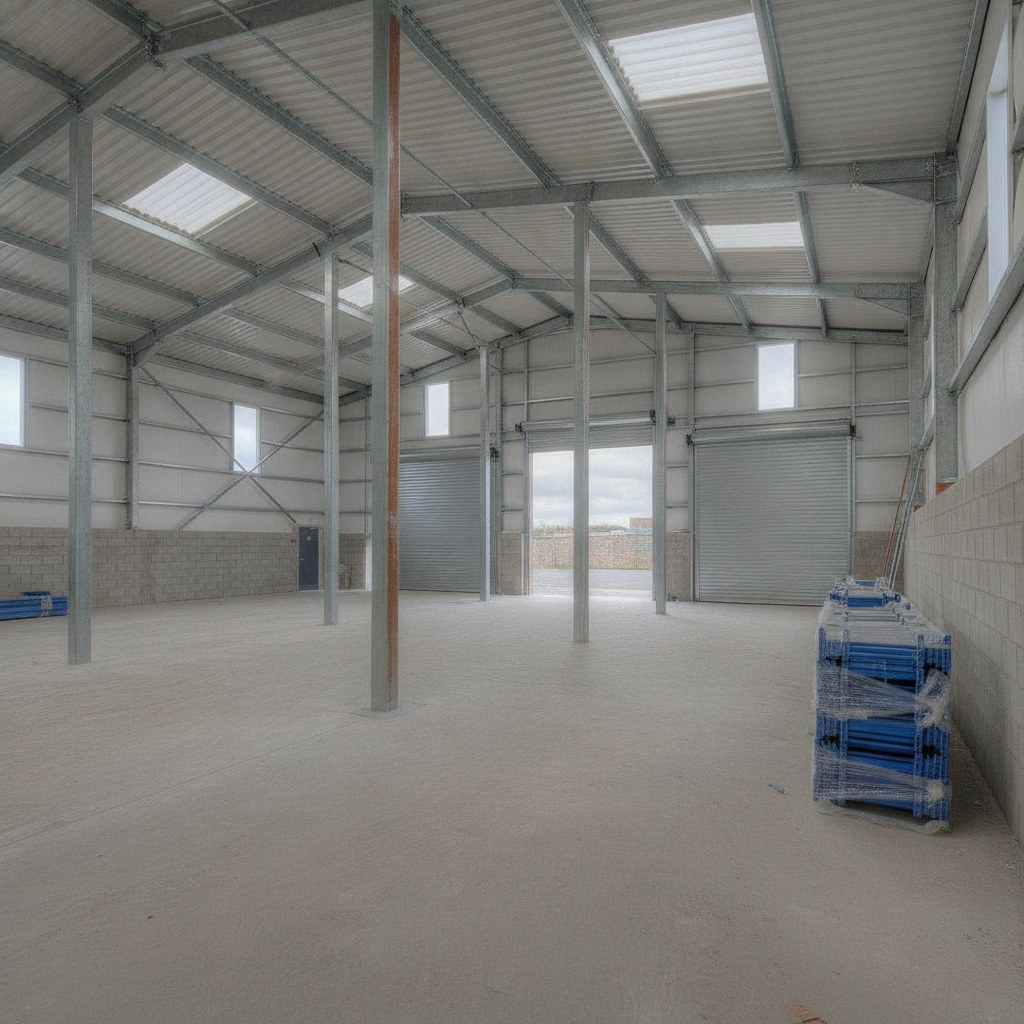 a steel frame commercial garage and workshop interior, structural steelwork and roller doors, empty bay, no people