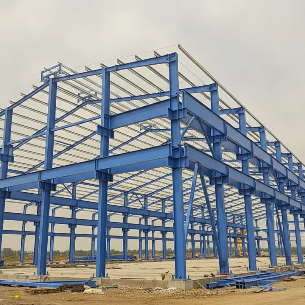 a single-slope steel portal frame part-erected on site, structural steelwork bolted up, no people in foreground