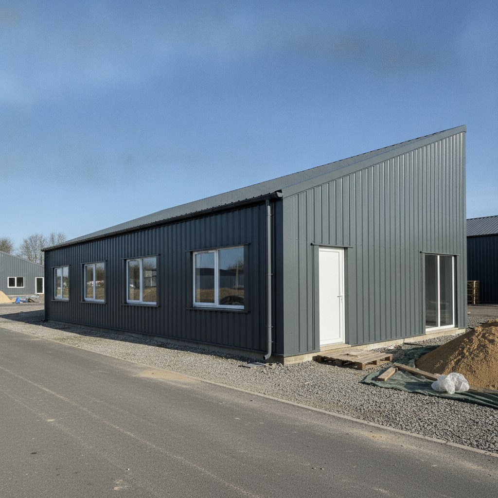 a finished clad single-slope mono-pitch steel commercial unit, three-quarter exterior view on a clear day