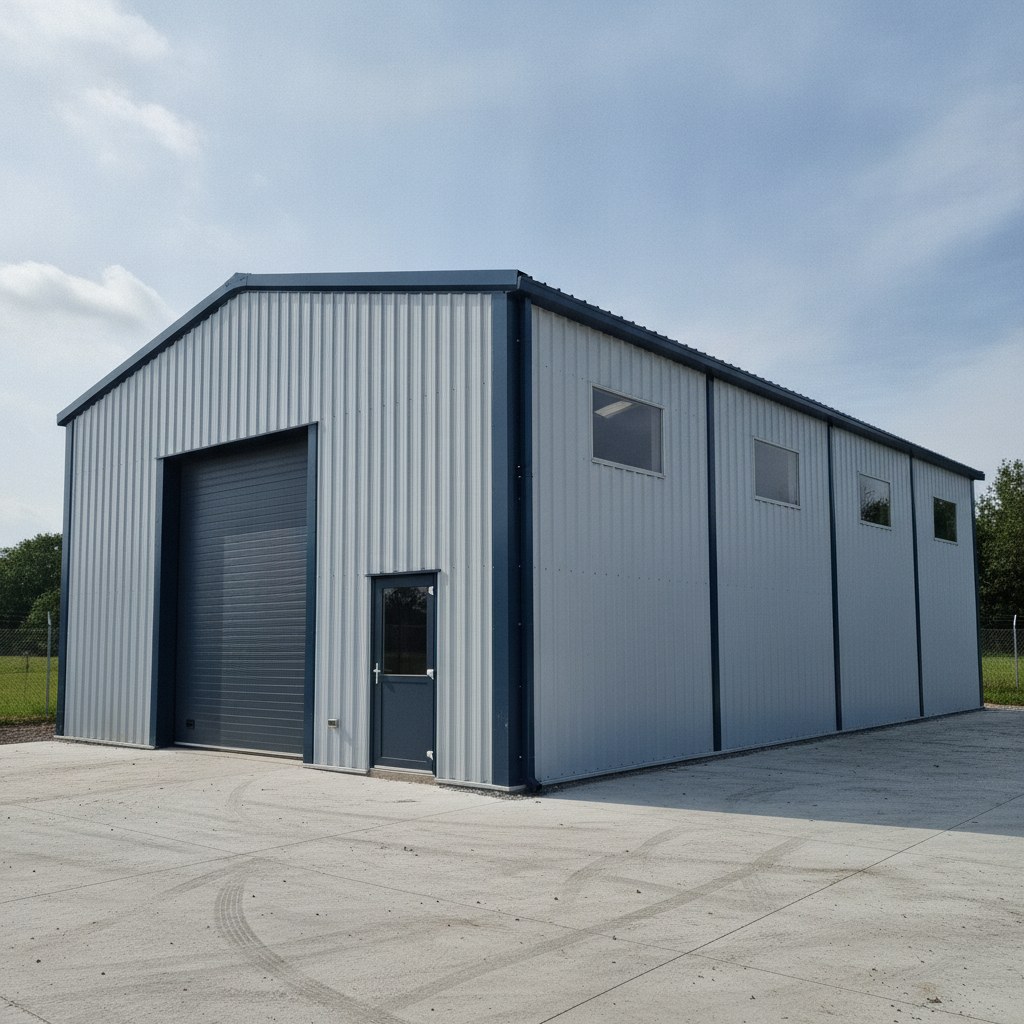 a clad prefabricated steel-framed industrial unit exterior, three-quarter view on a clear day, no people