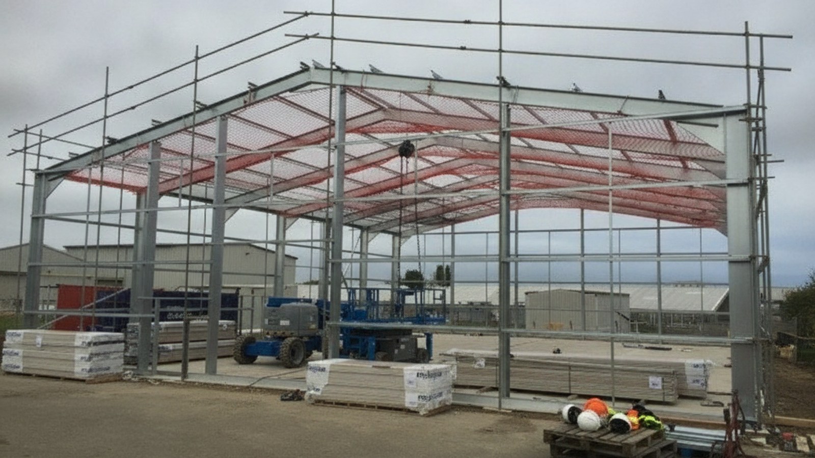 a steel portal frame industrial building under construction on site