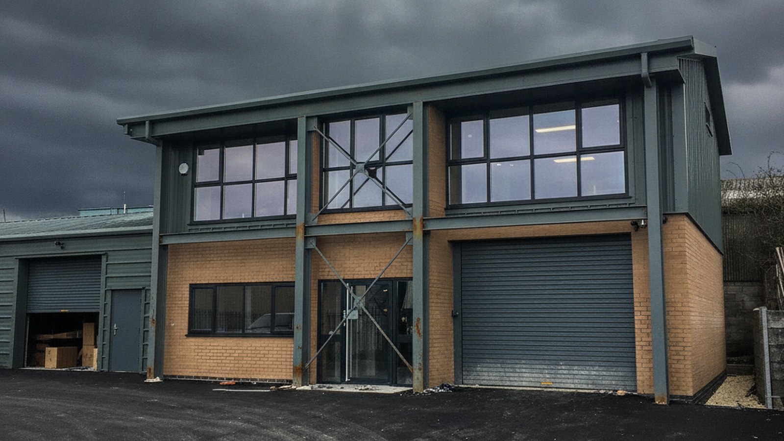 a completed steel-framed commercial industrial unit, exterior