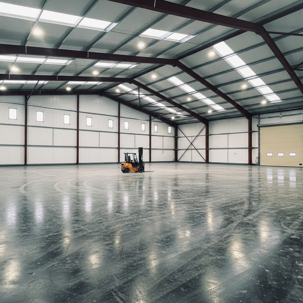 a clear-span steel portal frame warehouse interior, structural steelwork and roof purlins visible, empty floor, no people